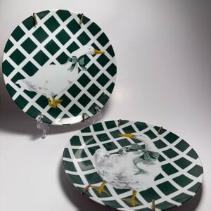 Set of 2 Duck Decorative Plates – Dept 56 "Trellage" Pattern, Green Lattice